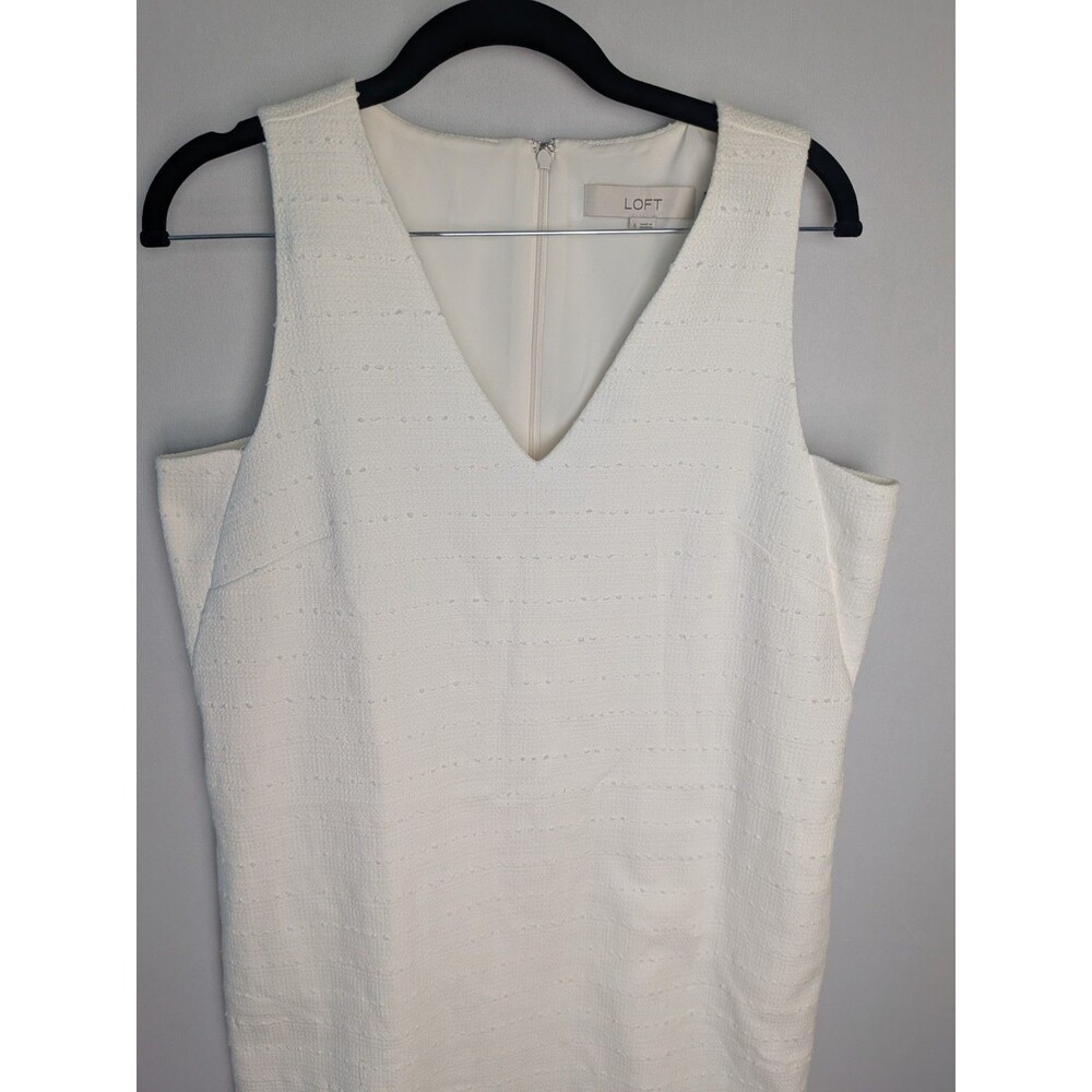 Loft Dress Women’s 6 V-Neck White Shift Sleeveless Lined Striped Embroidered - Picture 2 of 16